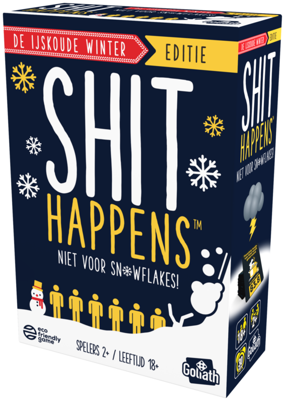 De doos van het hilarische partyspel Shit Happens De IJskoude Winter Editie vanuit een rechterhoek