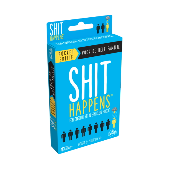 De doos van het hilarische partyspel Shit Happens Familie Editie Pocket vanuit een Linkerhoek