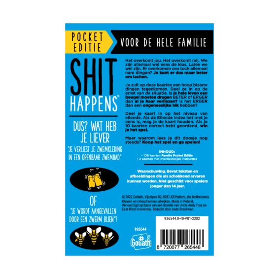 De achterkant van de doos van het hilarische partyspel Shit Happens Familie Editie Pocket