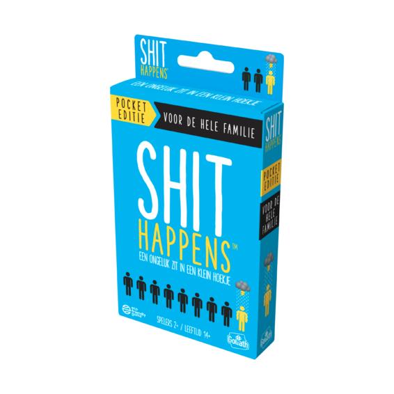 De doos van het hilarische kaartspel Shit Happens Familie Editie Pocket vanuit een rechterhoek