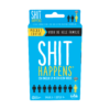 De voorkant van de doos van het hilarische partyspel Shit Happens Familie Editie Pocket