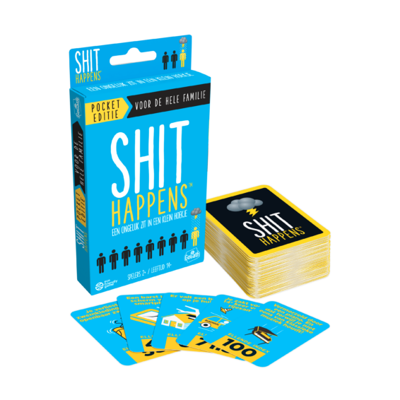 De doos met kaarten van het hilarische partyspel Shit Happens Familie Editie Pocket