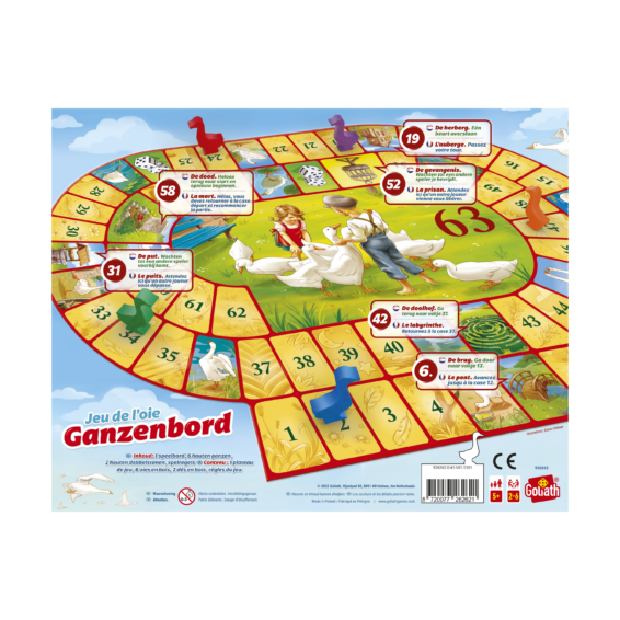 De achterkant van de doos van het hollandse bordspel Ganzenbord