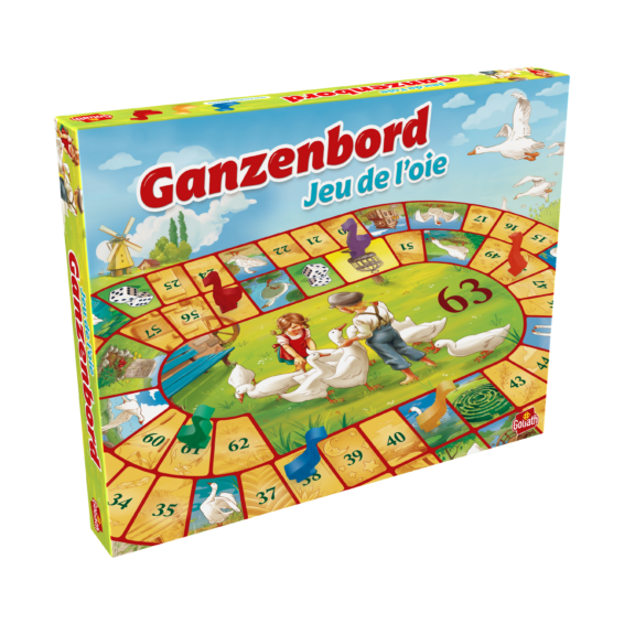 de doos van het familie bordspel Ganzenbord vanuit een linkerhoek