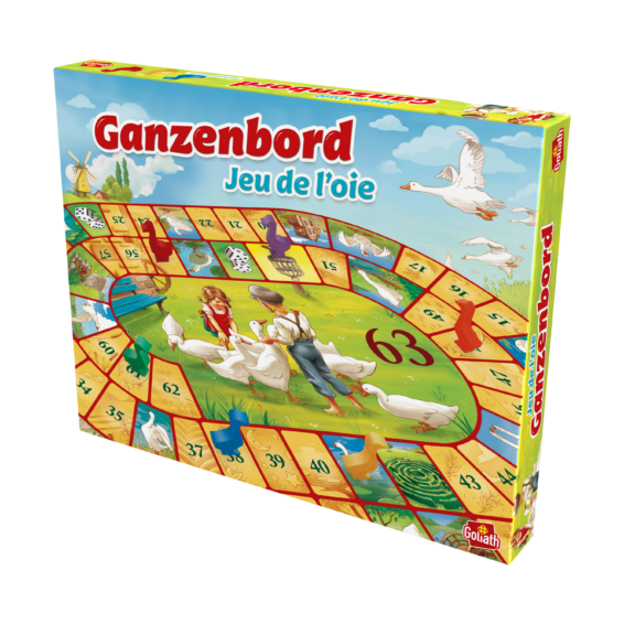 de doos van het familiespel ganzenbord vanuit een rechterhoek