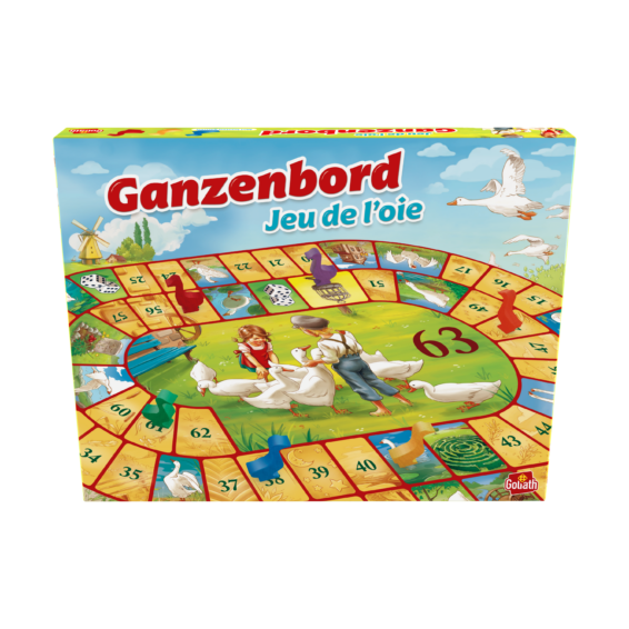 De voorkant van de doos van het familie bordspel Ganzenbord