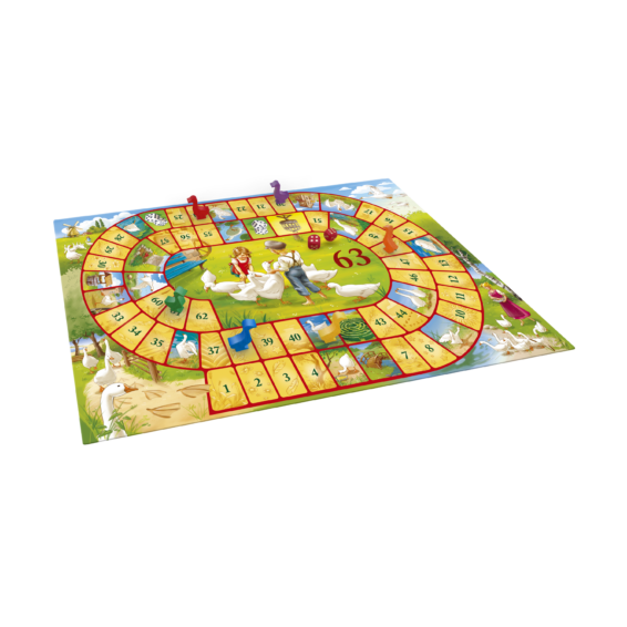 het speelbord van het bordspel ganzenbord waar het familiespel op gespeeld wordt