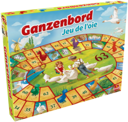 de doos van het familie bordspel Ganzenbord vanuit een linkerhoek