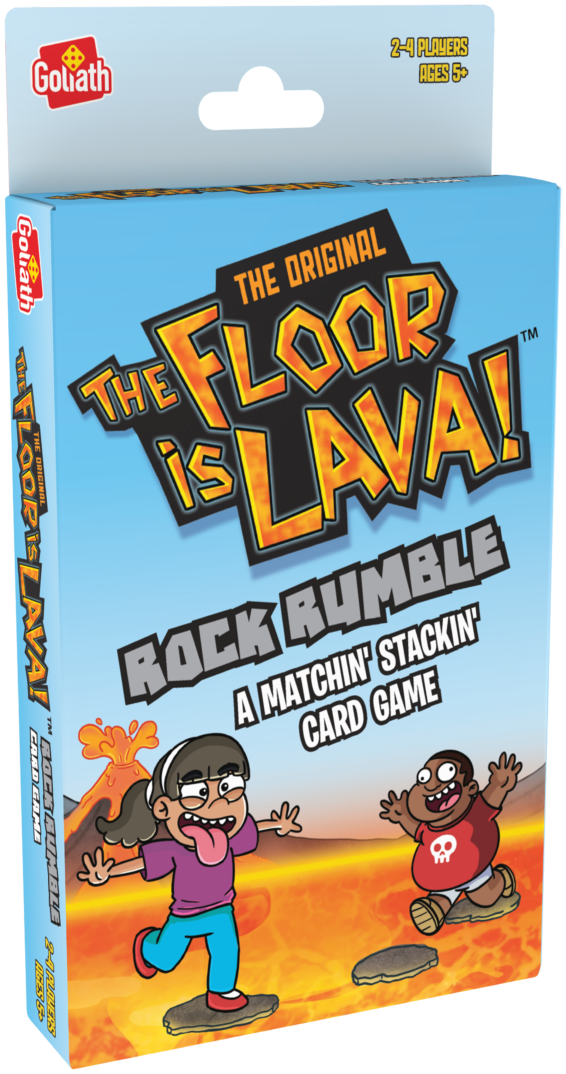 De verpakking van het kinderspel De Vloer Is Lava Kaartspel vanuit een linkerhoek