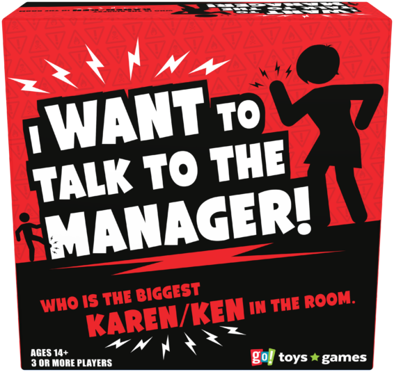 De voorkant van de doos van het grappige partyspel I Want To Talk To The Manager
