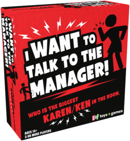 De doos van het grappige partyspel I Want To Talk To The Manager vanuit een linkerhoek