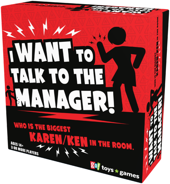 De doos van het grappige partyspel I Want To Talk To The Manager vanuit een rechterhoek