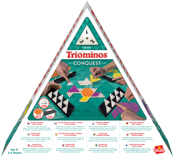 De achterkant van de doos van het strategiespel Triominos Conquest