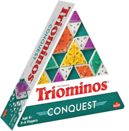 De doos van het strategiespel Triominos Conquest vanuit een linkerhoek