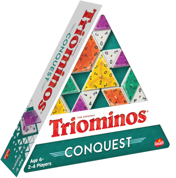 De doos van het strategiespel Triominos Conquest vanuit een linkerhoek