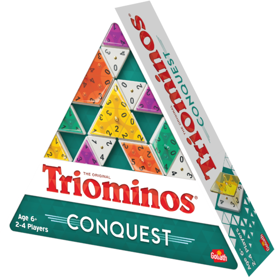 De doos van het strategiespel Triominos Conquest vanuit een rechterhoek