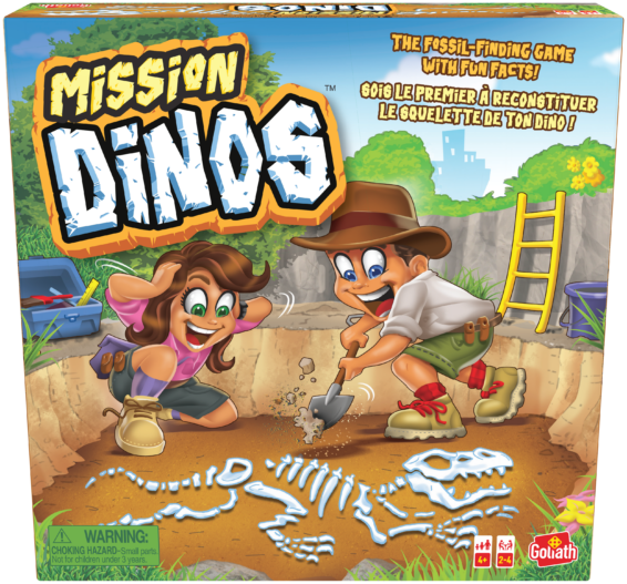 De voorkant van de doos van het kinderspel Mission Dinos