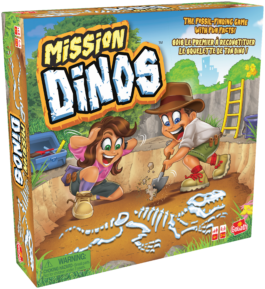 De doos van het kinder bordspel Mission Dinos vanuit een linkerhoek
