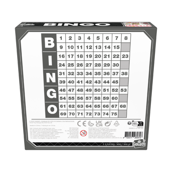 De achterkant van de doos van het spel Bingo