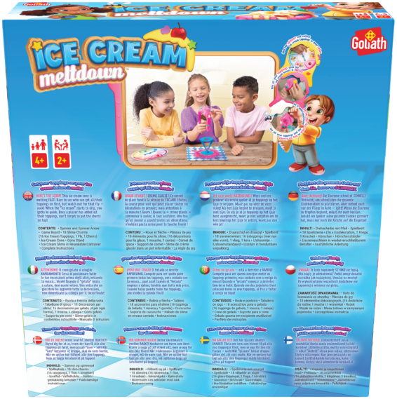 De achterkant van de doos van het kinderspel Ice Cream Meltdown