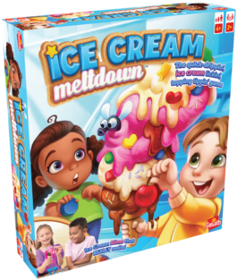 De doos van het kinderspel Ice Cream Meltdown vanuit een linkerhoek