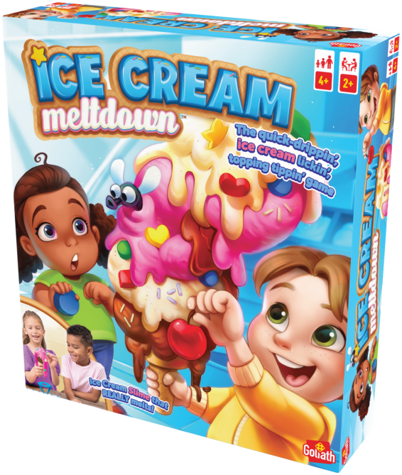 De doos van het kinderspel Ice Cream Meltdown vanuit een rechterhoek