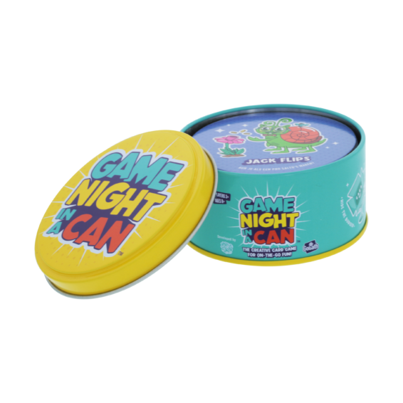 Het blik en de inhoud van het partyspel Game Night in a Can