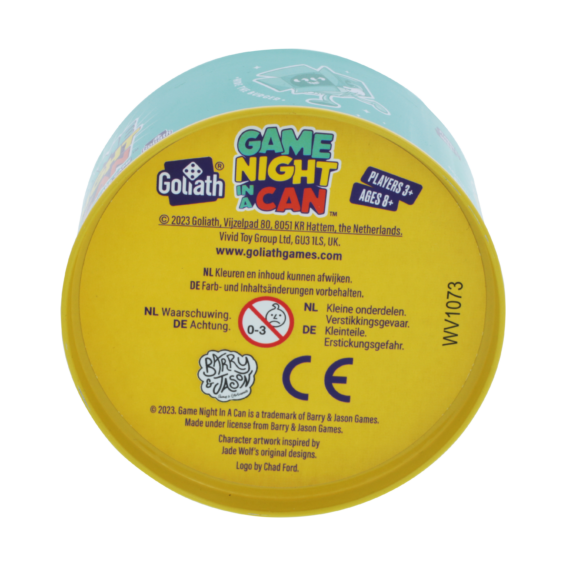 De onderkant van de verpakking van het partyspel Game Night In A Can