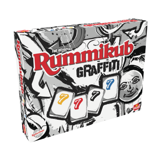 De doos van het strategiespel Rummikub Graffiti vanuit een linkerhoek