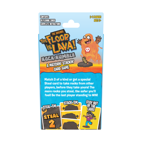 De achterkant van de verpakking van het kinderspel De Vloer Is Lava Kaartspel