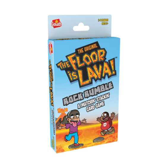 De verpakking van het kinderspel De Vloer Is Lava Kaartspel vanuit een linkerhoek