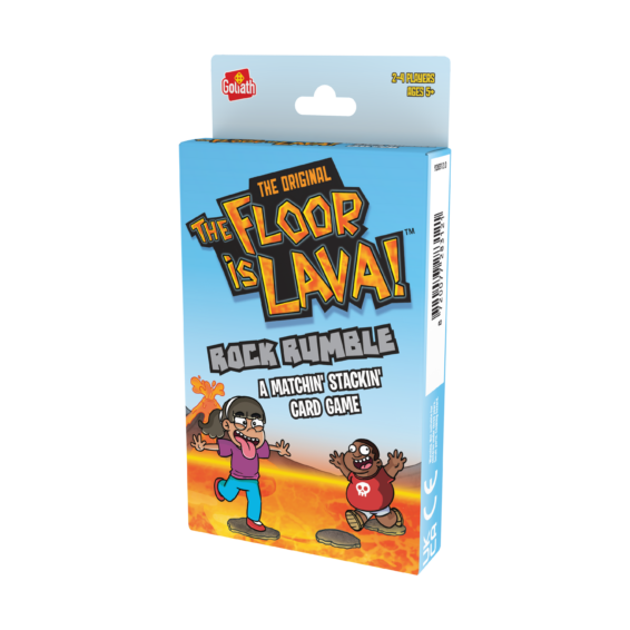 De verpakking van het kaartspel voor kinderen De Vloer Is Lava Kaartspel vanuit een rechterhoek