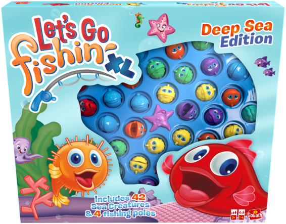 De voorkant van de doos van het kinderspel Let's Go Fishing XL