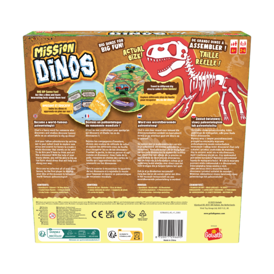 De achterkant van de doos van het kinderspel Mission Dinos