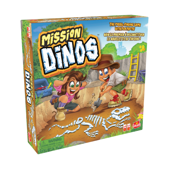 De doos van het kinder bordspel Mission Dinos vanuit een linkerhoek