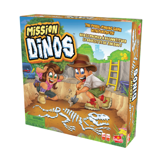 De doos van het kinder bordspel Mission Dinos vanuit een rechterhoek