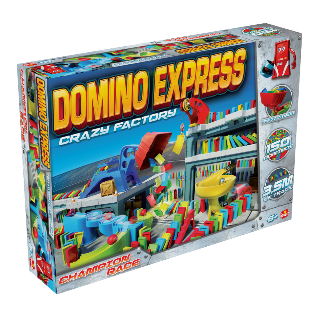 De doos van Domino Express Crazy Factory vanuit een linkerhoek