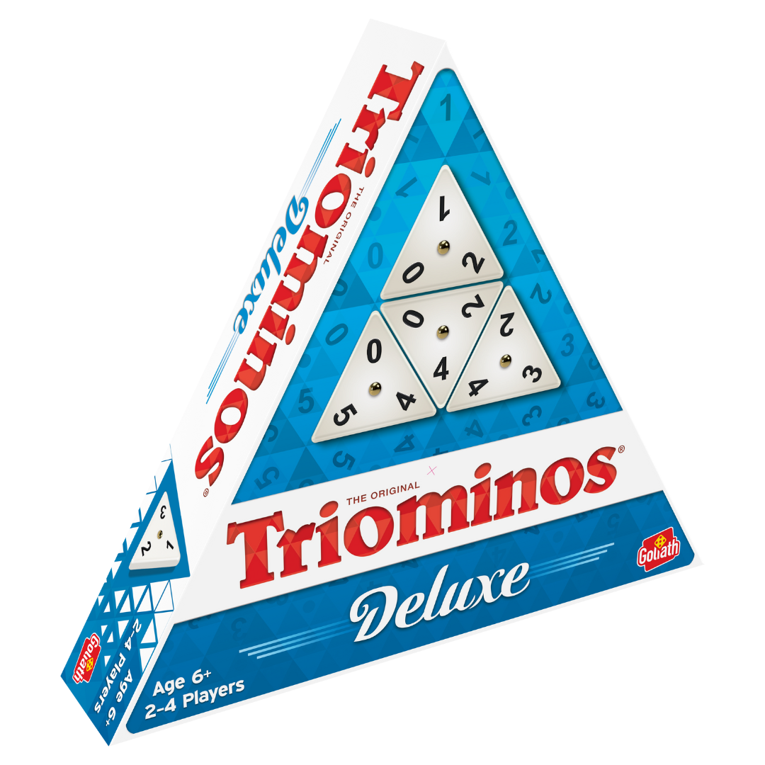 De doos van het strategiespel Triominos Conquest vanuit een linkerhoek