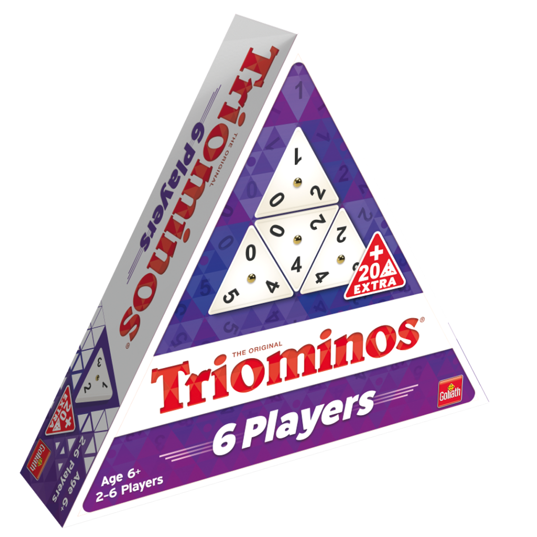 De doos van het strategiespel Triominos Conquest vanuit een linkerhoek