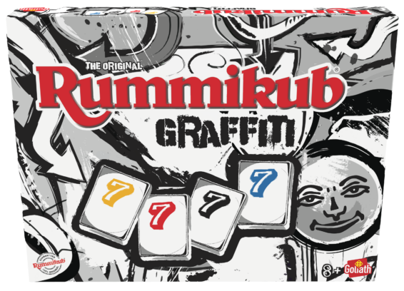 De voorkant van de doos van het strategiespel Rummikub Graffiti