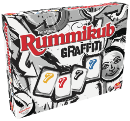 De doos van het strategiespel Rummikub Graffiti vanuit een linkerhoek