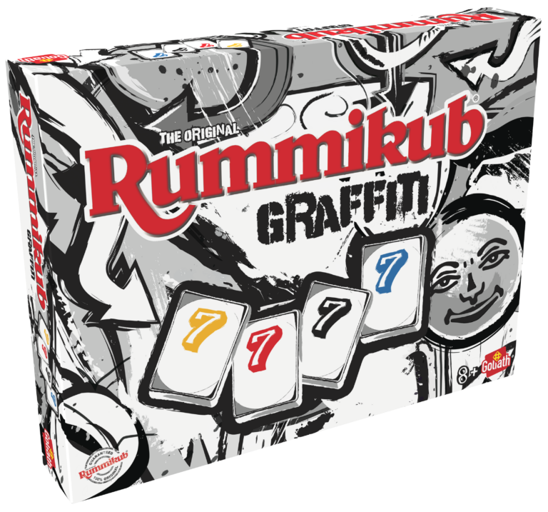 De doos van het strategiespel Rummikub Graffiti vanuit een linkerhoek