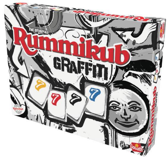 De doos van het strategiespel Rummikub Graffiti vanuit een rechterhoek