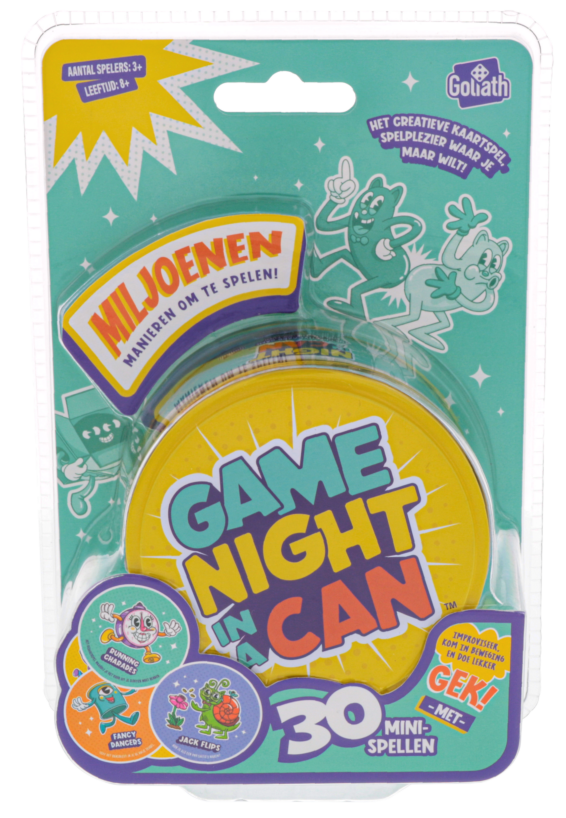 De voorkant van de verpakking van het partyspel Game Night In A Can