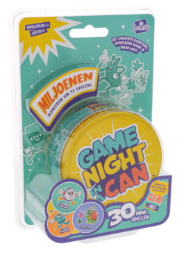 De verpakking van het partyspel Game Night In A Can vanuit een linkerhoek