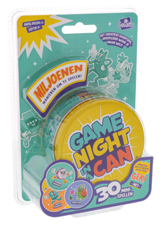 De verpakking van het partyspel Game Night In A Can vanuit een linkerhoek