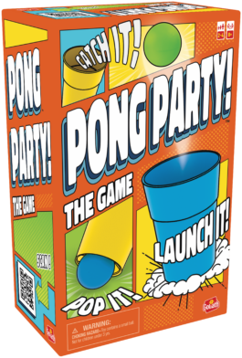 De doos van het gezellige partyspel Pong Party vanuit een linkerhoek