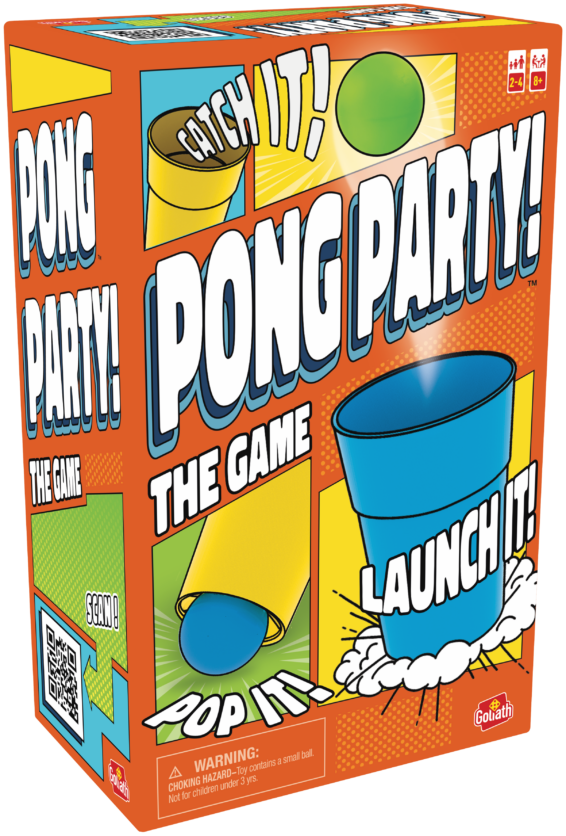 De doos van het gezellige partyspel Pong Party vanuit een linkerhoek