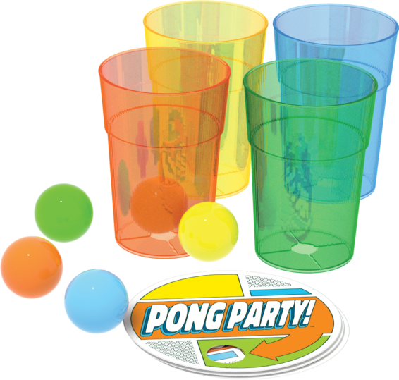 De inhoud van de doos van het gezellige partyspel Pong Party