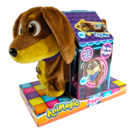 Het speelgoedhondje Animagic Diggles in de verpakking vanuit een linkerhoek